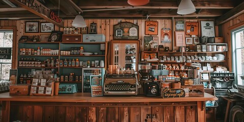 Naklejka premium A cozy shop interior featuring vintage decor, a typewriter, and various products on display.