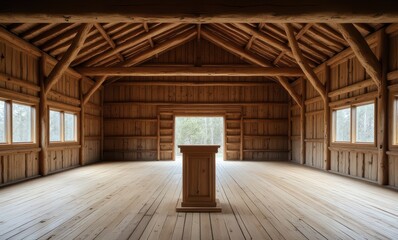 Rustic wooden cabin interior with podium