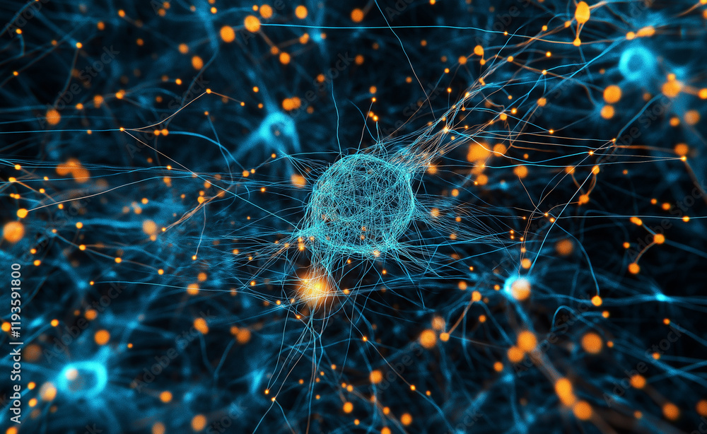 Poster abstract neural network visualization with interconnected glowing blue and orange nodes, representin