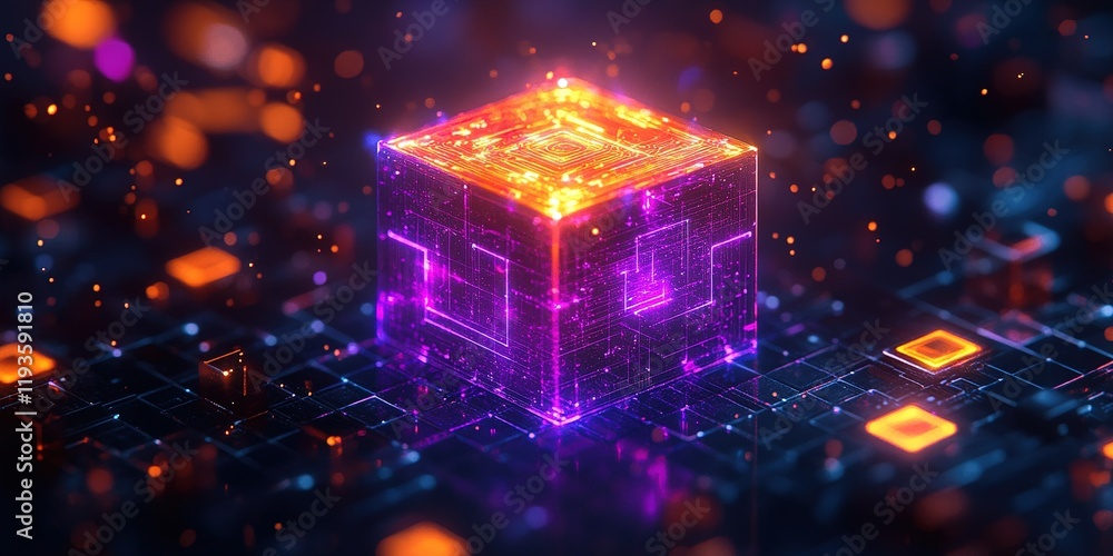 Aufkleber colorful glowing cube in a digital space with particle effects during a futuristic concept presentat