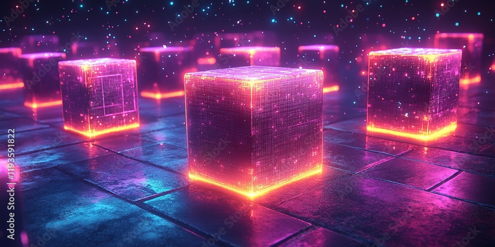 Poster colorful glowing cubes create a mesmerizing digital landscape in a virtual space