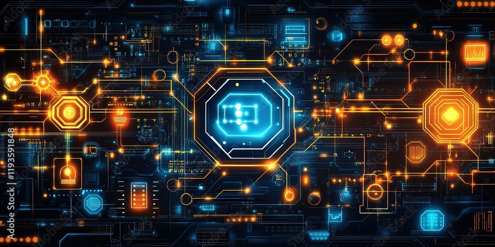 Poster intricate digital circuit design showcasing vibrant colors and data connections in a modern tech env