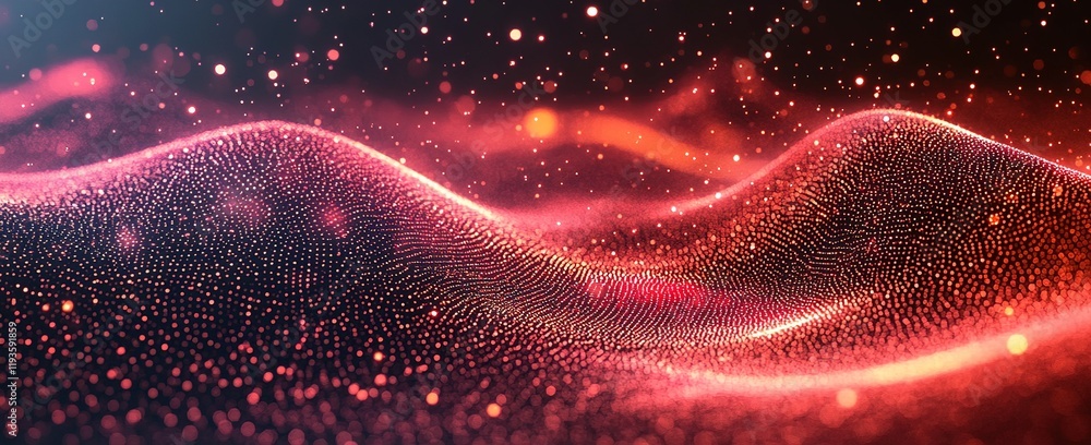Poster visual representation of shimmering waves with glowing particles in a dark space environment during 