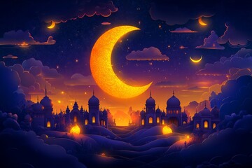 Fototapeta premium Majestic Crescent Moon Over a Festive Mosque Landscape