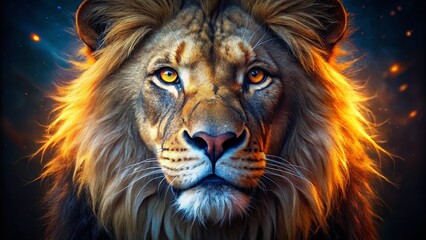 Fototapeta premium Majestic Lion Portrait: Macro Photography with Colorful Light Streaks on Dark Background