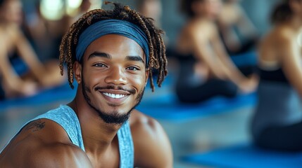 Smiling young man in yoga class.