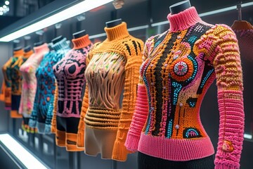 Colorful Knitted Sweaters Display on Mannequins in Fashion Store