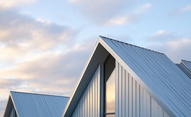 Geometric modern architecture with a sleek triangular roof, wooden accents, and a blue sky backdrop showcasing contemporary design.