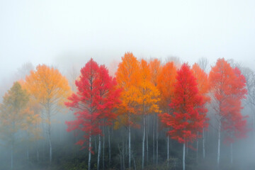 Fototapeta premium Matin d’automne brumeux à la campagne avec feuillage orange et rouge