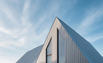 Geometric modern architecture with a sleek triangular roof, wooden accents, and a blue sky backdrop showcasing contemporary design.