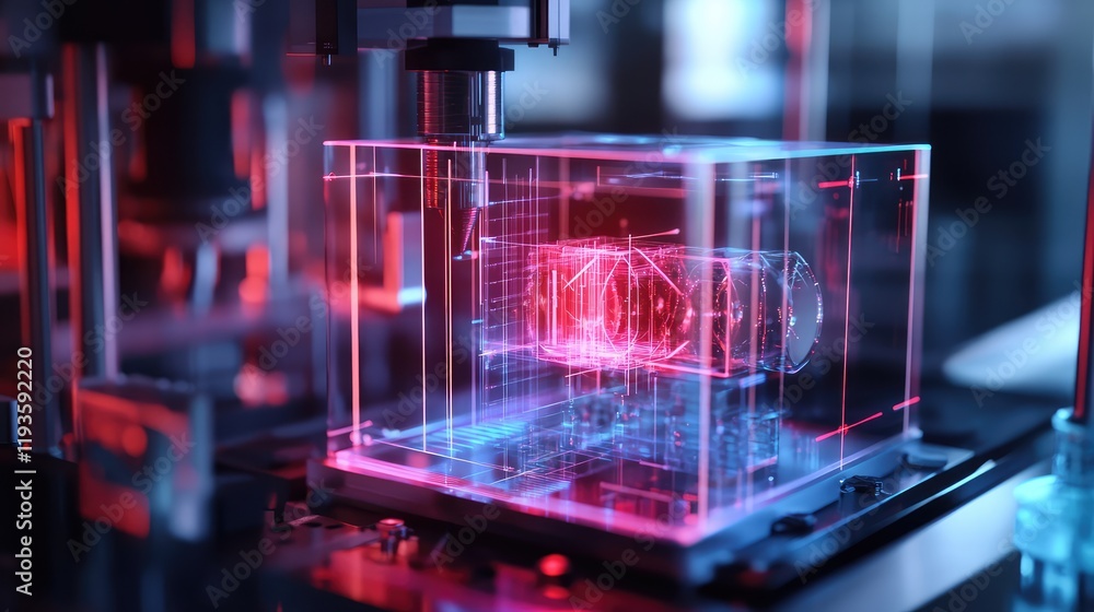 Poster high-tech quantum innovation lab with transparent quantum circuits and interactive holograms showcas