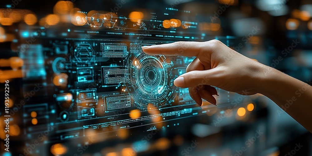 Poster hand interacting with a futuristic digital interface in a high-tech environment with glowing element