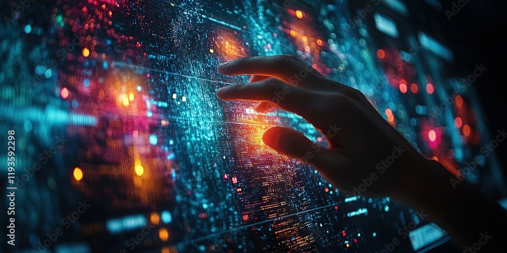 Poster futuristic interface interaction showcasing a hand manipulating vibrant digital data