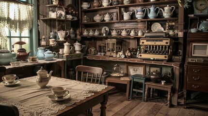 A cozy vintage kitchen filled with teapots, dishes, and decorative items, evoking nostalgia and warmth.
