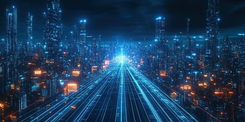 Fototapeta premium Futuristic cityscape illuminated by neon lights in a digital skyline at night