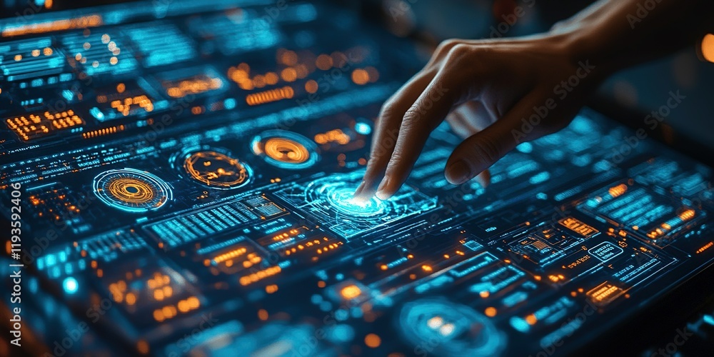 Poster high-tech interface with glowing controls and data displays being interacted with by a user in a mod