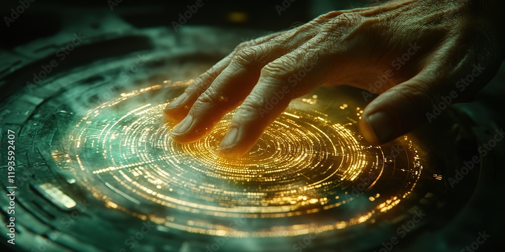 Poster touching the glowing holographic interface in a futuristic setting filled with vibrant lights and te
