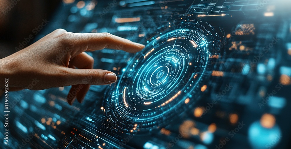 Poster futuristic digital interface interaction showcasing advanced technology and user engagement in a mod