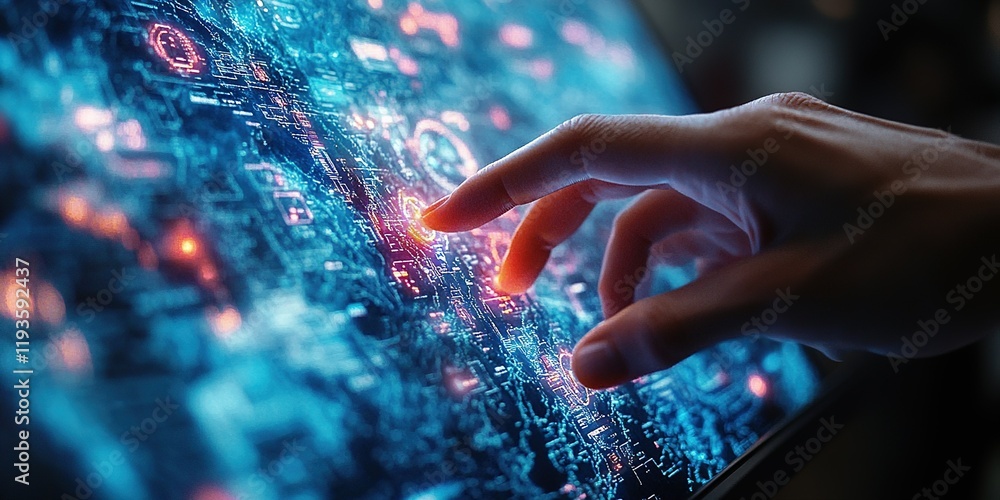 Poster interactive technology display shows a hand engaging with vibrant digital interface filled with data