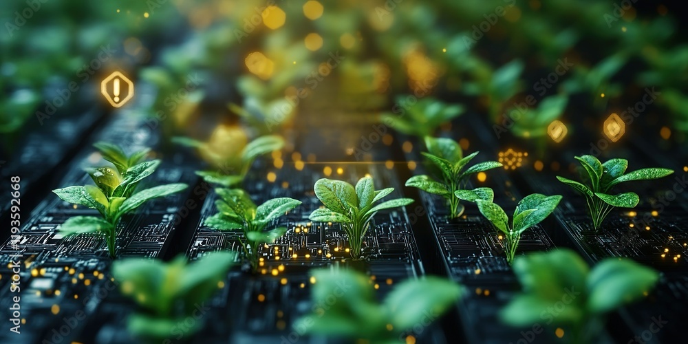 Poster technology and nature intertwine as sprouts emerge from a circuit board in a futuristic setting