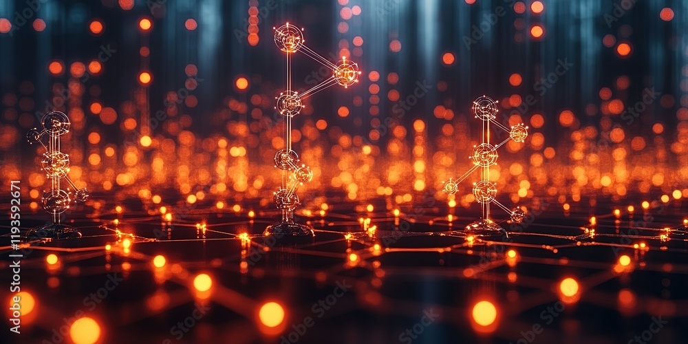 Poster complex network of glowing nodes and connections illuminated in a digital landscape at dusk