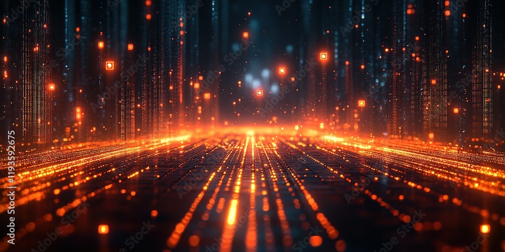 Poster light patterns and glowing lines create a futuristic digital landscape at night