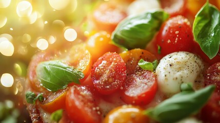 Close-up of fresh caprese salad with cherry tomatoes and basil