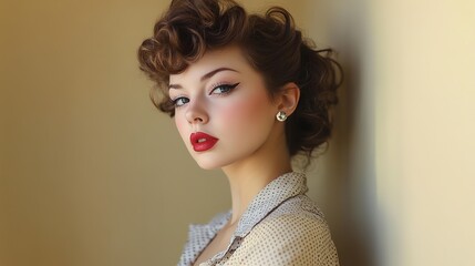 glamour pretty vintage girl, 50s fashionista girl smiling with curve curl hair, Hollywood look,  © QuietWord