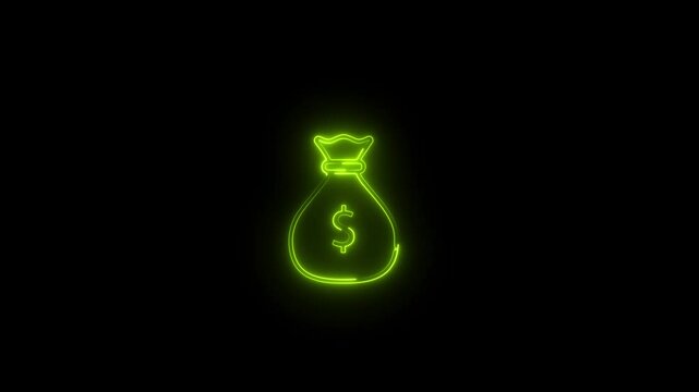Money bag with Dollar sign. Icon with neon line  on black background