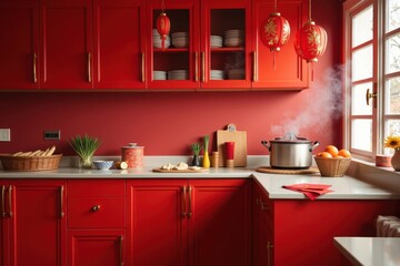 Cozy Chinese New Year Cooking Space with Red Decor, Decorations, and Steaming Pot Promoting Festive Atmosphere of Celebration and Traditional Cuisine
