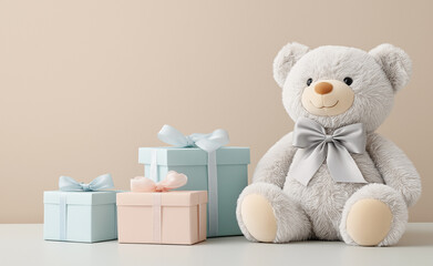  A cute beige teddy bear with a blue bow tie sitting next to pastel gift boxes, creating a soft and charming scene.
