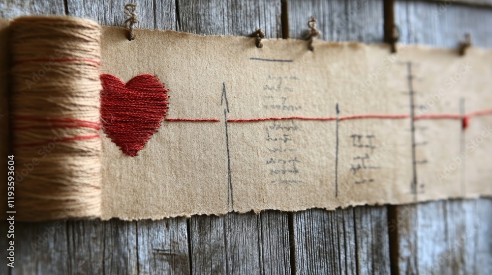 Poster red thread forms a heart on textured background demonstrating minimalist artistry in unique design