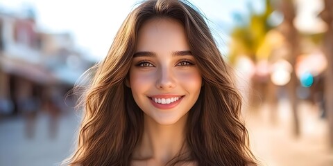 A young woman with long hair is smiling brightly against a blurred outdoor background. Concept Portrait Photography, Natural Lighting, Outdoor Setting, Expressive Smiles, Soft Focus Background