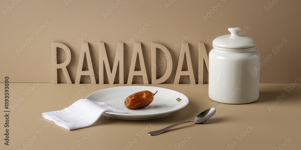 Poster ramadan still life featuring date and simple table setting