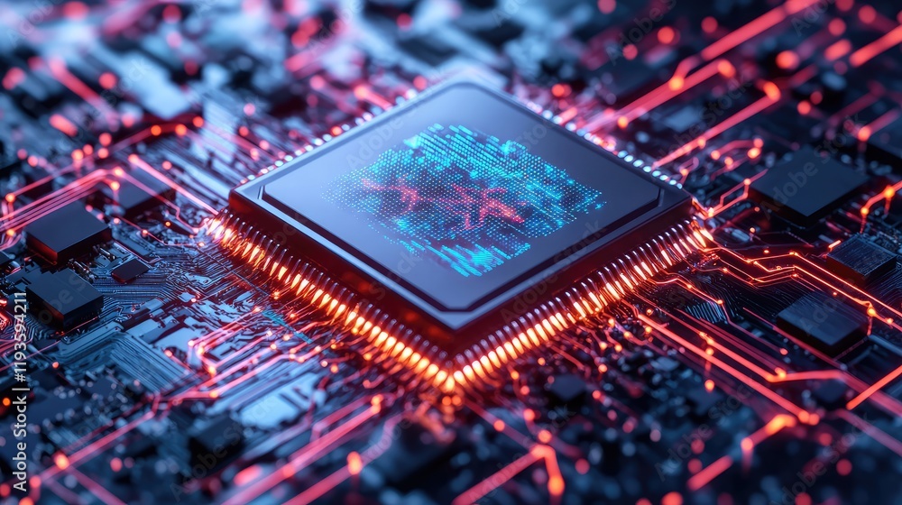 Poster high-tech quantum processor surrounded by vibrant, interconnected light beams and energy patterns