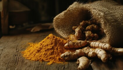 Obraz premium Fresh Turmeric Powder And Raw Roots Displayed On Wooden Table, Aromatic And Vibrant, Ready For Culinary Experimentation And Health Benefits.