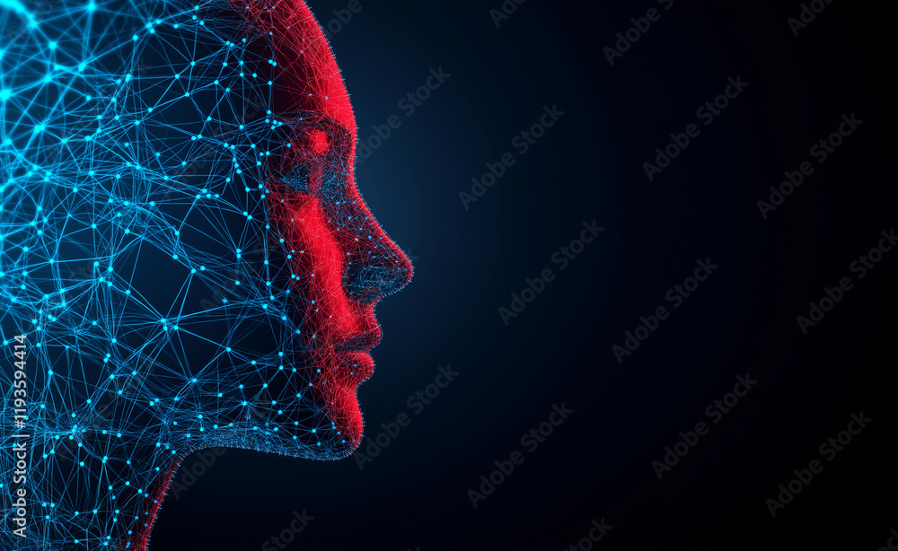 Poster a futuristic digital profile of a face composed of interconnected glowing blue and red neural networ