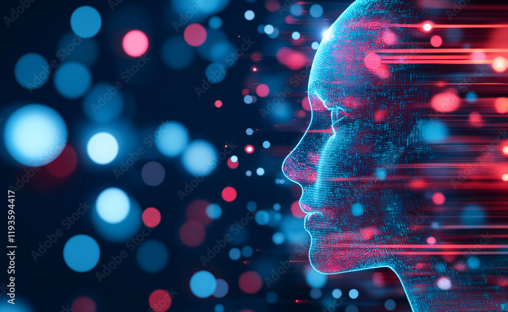 Poster a futuristic digital profile of a face composed of interconnected glowing blue and red neural networ