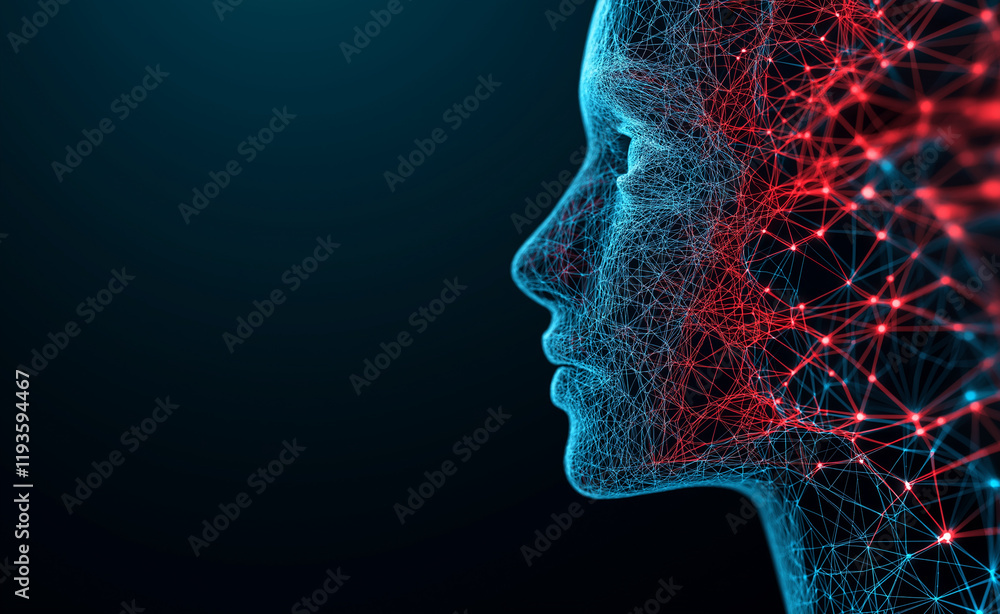 Poster a futuristic digital profile of a face composed of interconnected glowing blue and red neural networ