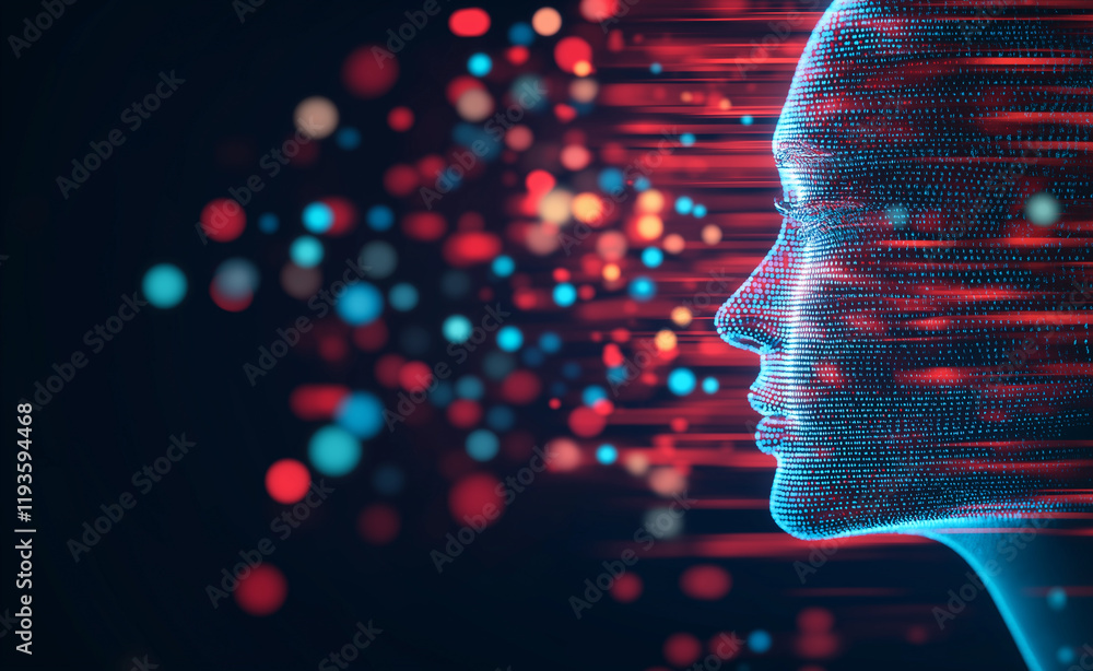 Poster a futuristic digital profile of a face composed of interconnected glowing blue and red neural networ