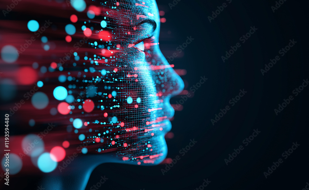 Poster a futuristic digital profile of a face composed of interconnected glowing blue and red neural networ