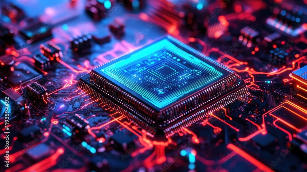 Poster high-tech quantum processor surrounded by vibrant, interconnected light beams and energy patterns