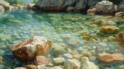 a body of water with rocks in the background