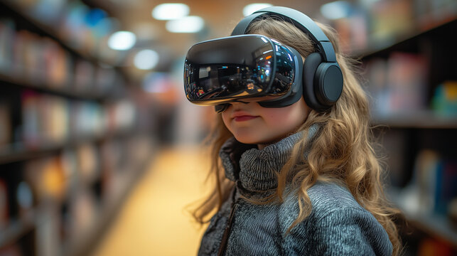 A girl in virtual reality at the library. - Powered by Adobe