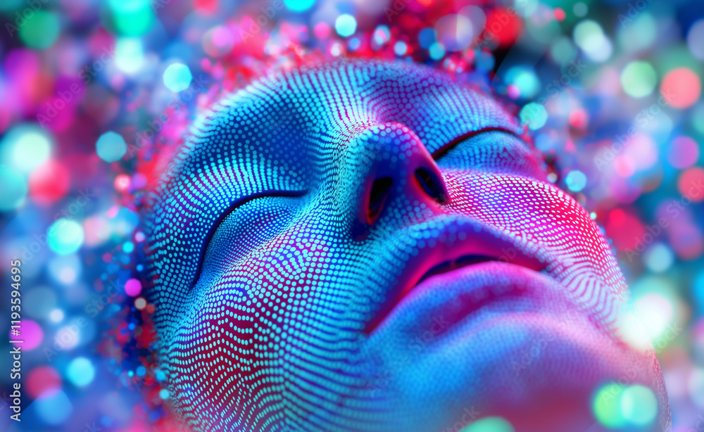 Poster a colorful abstract face covered in glowing patterns and surrounded by vibrant bokeh lights, symboli