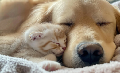 Adorable golden retriever puppy and gray kitten cuddling together on a cozy beige blanket, symbolizing friendship and warmth.