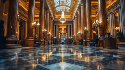Fototapeta premium Grand Hall Interior With Gilded Columns And Chandelier