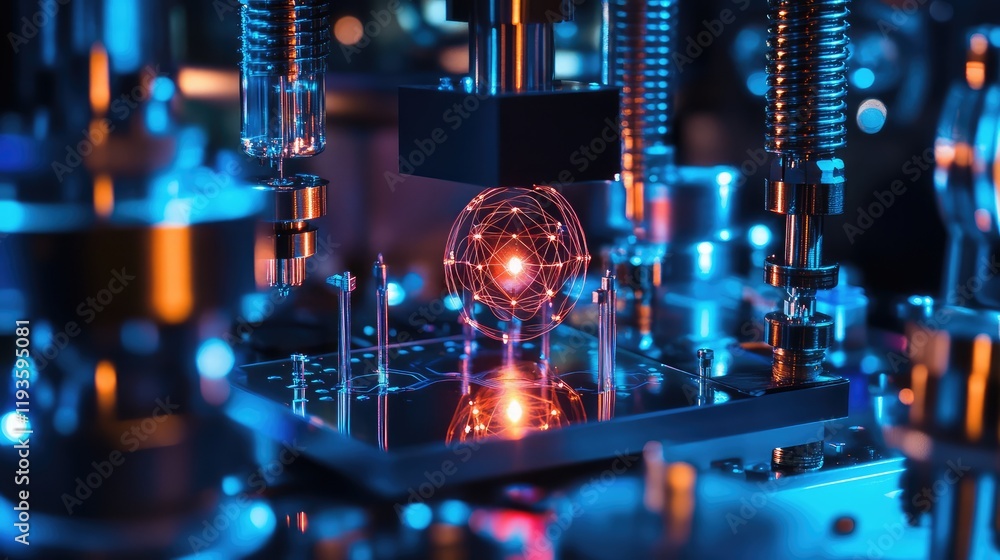 Poster high-tech quantum research lab with quantum entanglement experiments and glowing qubits in motion