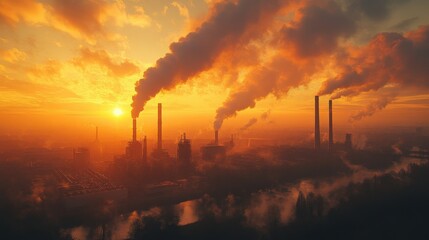 Obraz premium Majestic Sunrise Over Industrial Landscape with Smokestacks Emitting Thick Plumes of Smoke into the Vibrant Orange and Yellow Sky, Highlighting Environmental Concerns