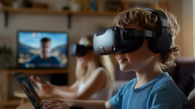 happy family in a cozy living room using VR headset and technology